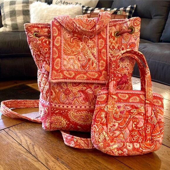 Vera Bradley Vintage Retired Quilted Backpack matching Mini Bag EUC - Picture 1 of 5